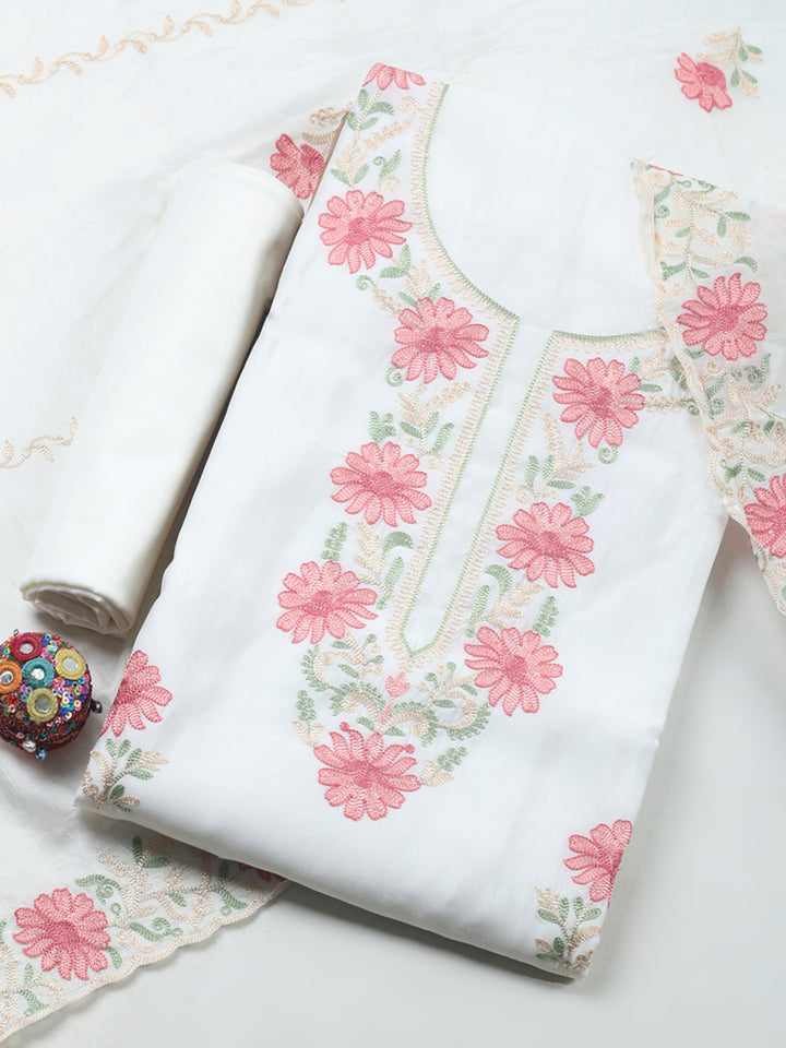 Cream Embroidery Art Silk Unstitched Dress Material