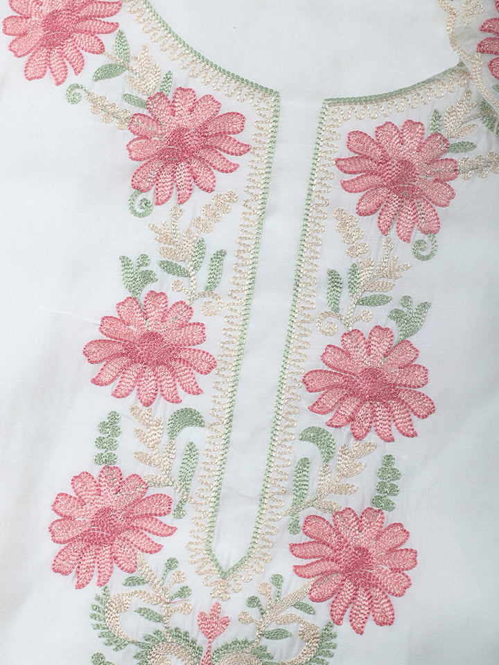 Cream Embroidery Art Silk Unstitched Dress Material