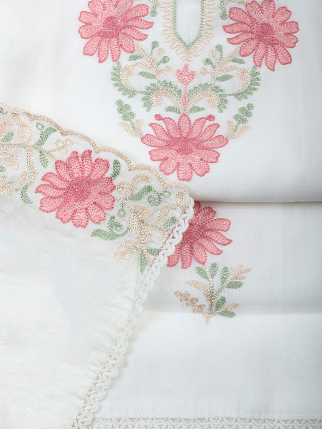 Cream Embroidery Art Silk Unstitched Dress Material