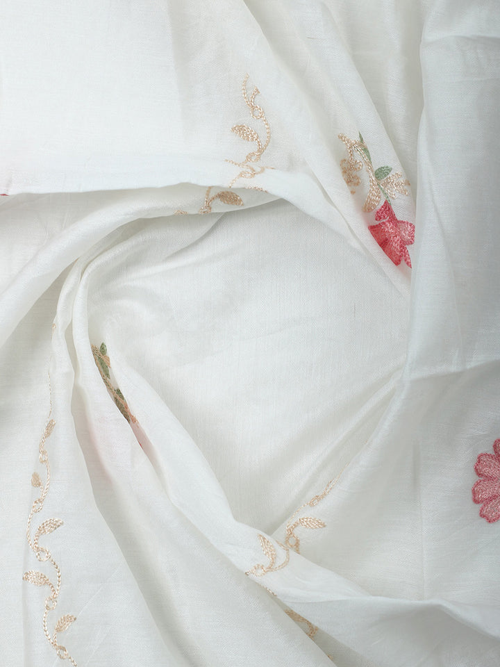 Cream Embroidery Art Silk Unstitched Dress Material