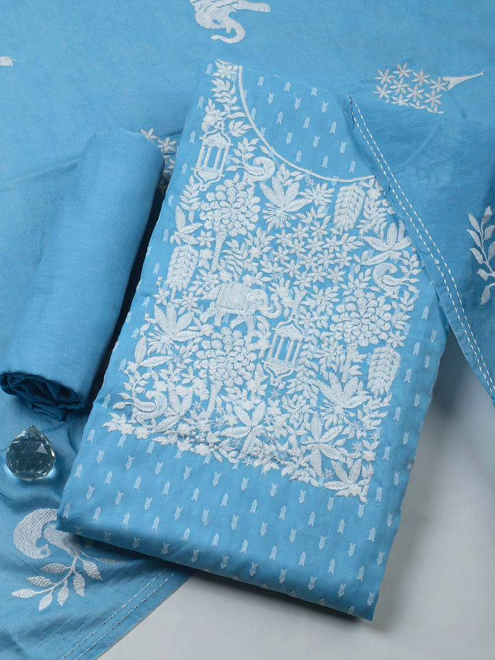 Sky Blue Resham Zari Neck Cotton Blend Unstitched Dress Material