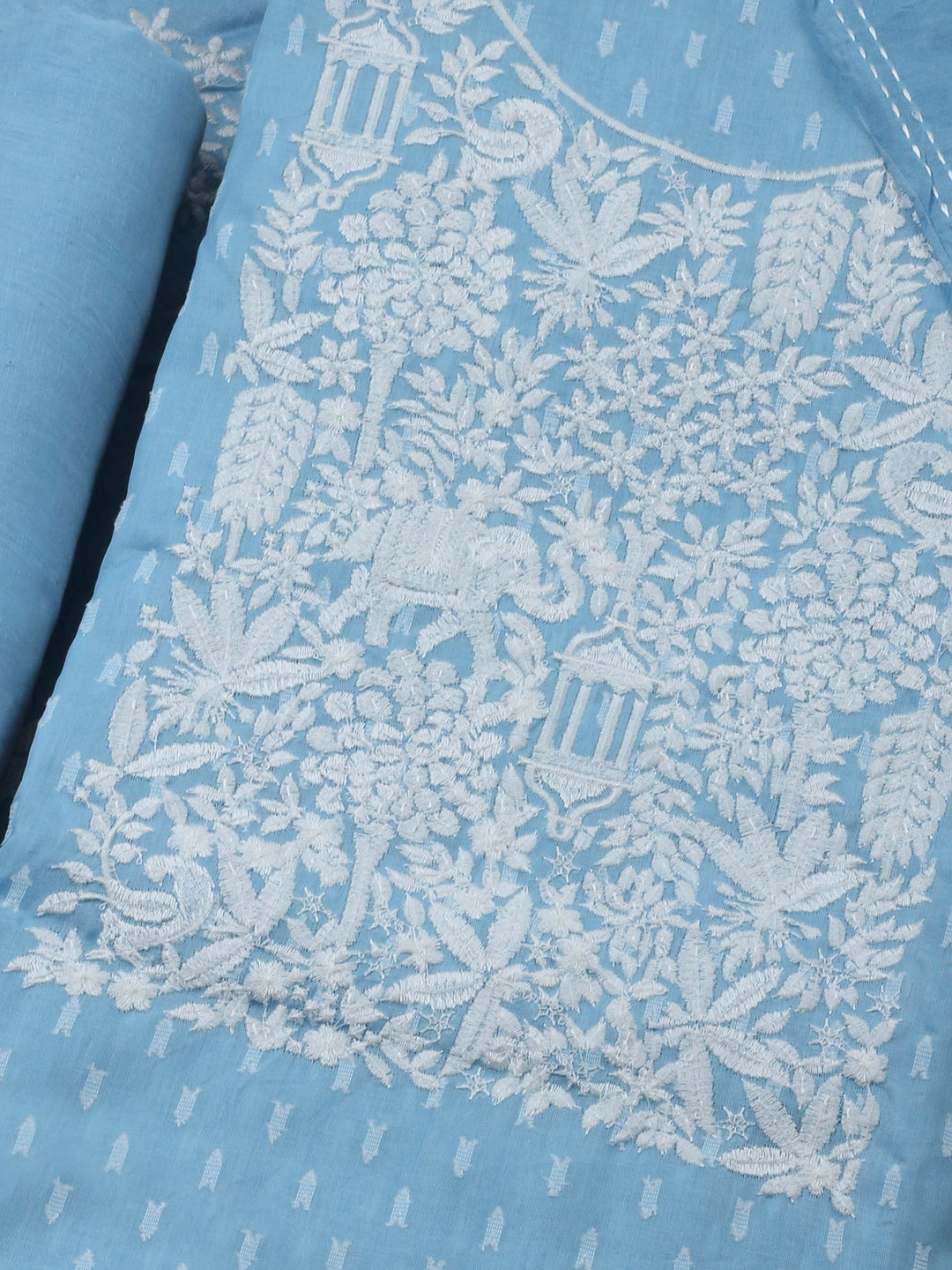 Sky Blue Resham Zari Neck Cotton Blend Unstitched Dress Material