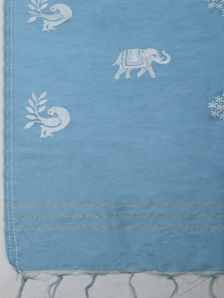 Sky Blue Resham Zari Neck Cotton Blend Unstitched Dress Material