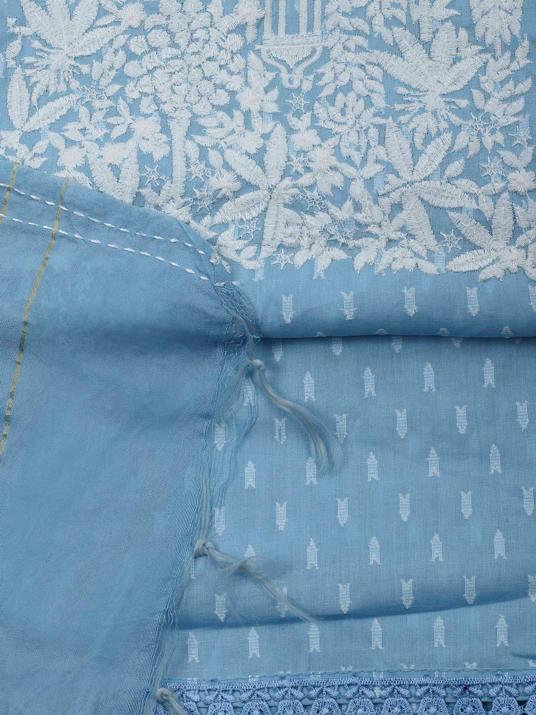 Sky Blue Resham Zari Neck Cotton Blend Unstitched Dress Material