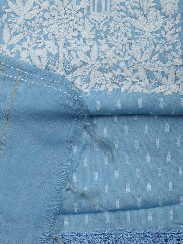 Sky Blue Resham Zari Neck Cotton Blend Unstitched Dress Material