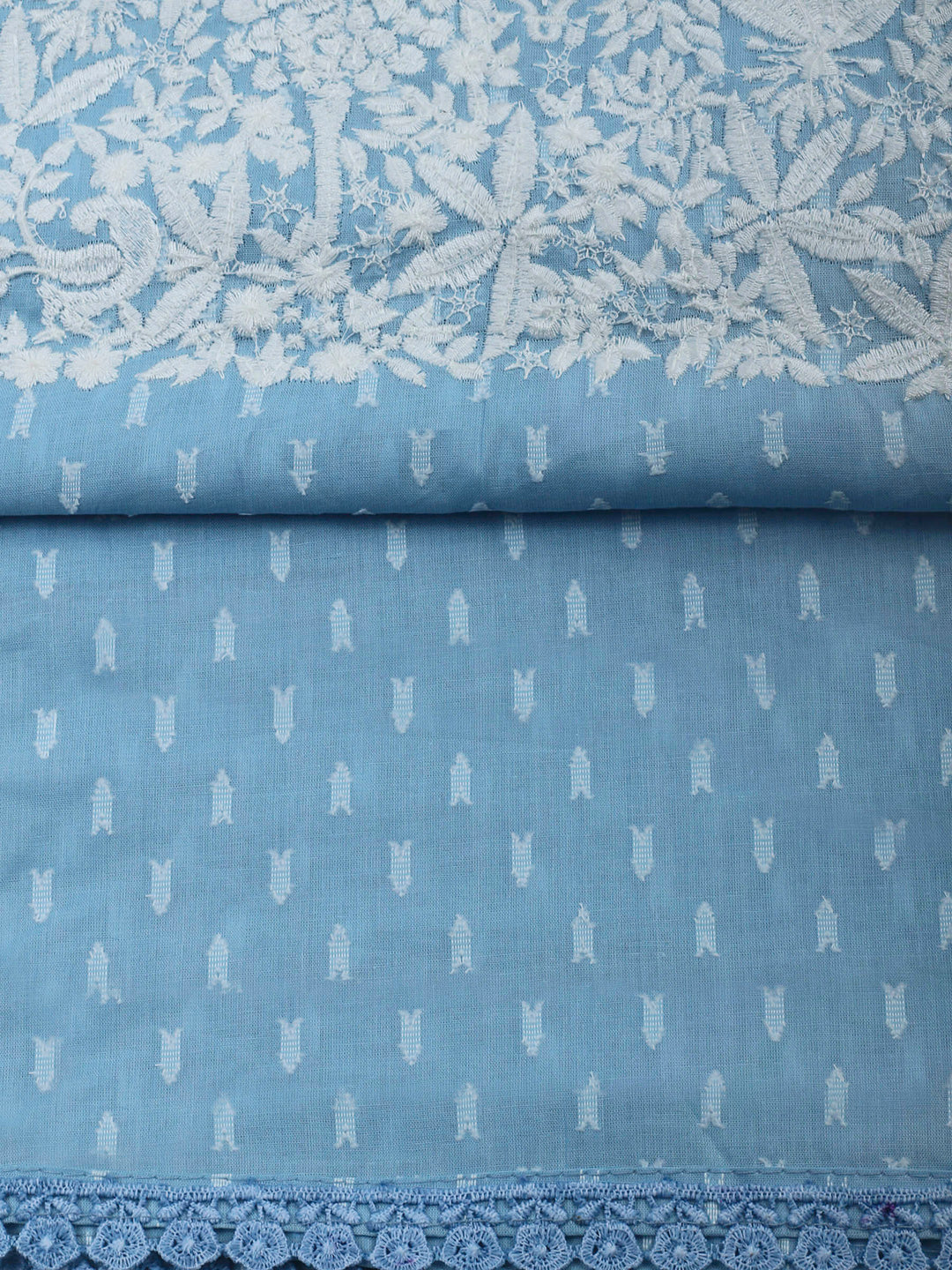Sky Blue Resham Zari Neck Cotton Blend Unstitched Dress Material