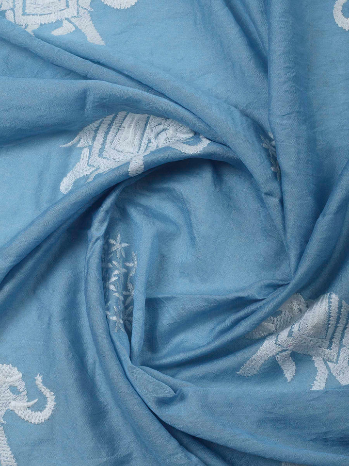 Sky Blue Resham Zari Neck Cotton Blend Unstitched Dress Material
