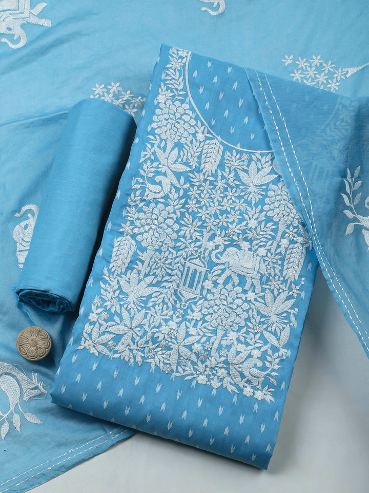 Sky Blue Resham Zari Neck Cotton Blend Unstitched Dress Material
