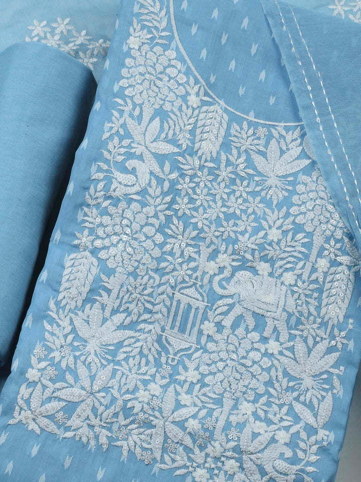 Sky Blue Resham Zari Neck Cotton Blend Unstitched Dress Material