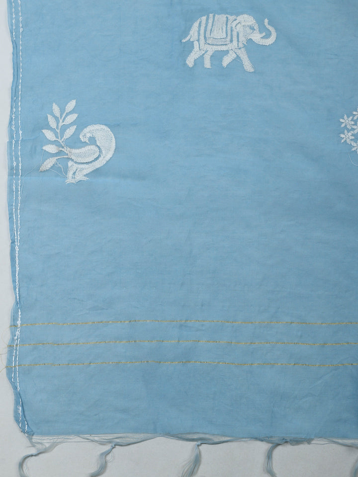 Sky Blue Resham Zari Neck Cotton Blend Unstitched Dress Material