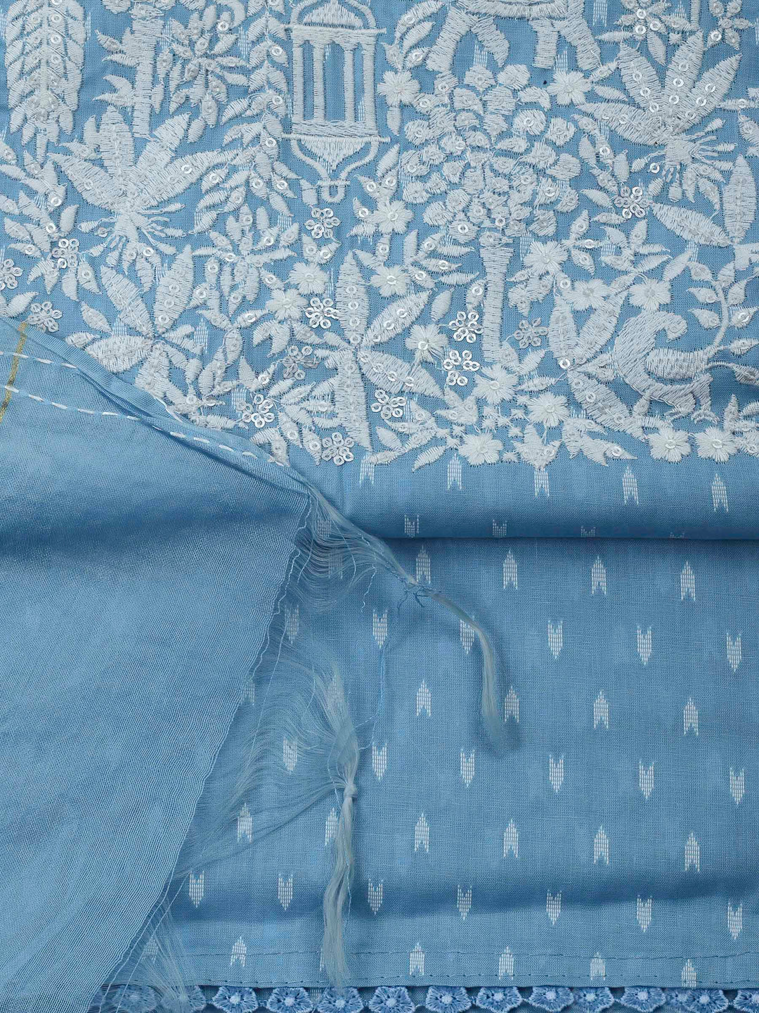 Sky Blue Resham Zari Neck Cotton Blend Unstitched Dress Material