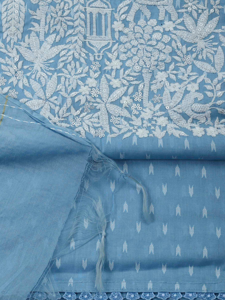 Sky Blue Resham Zari Neck Cotton Blend Unstitched Dress Material