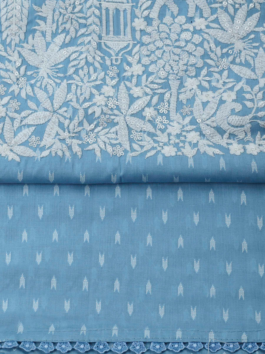 Sky Blue Resham Zari Neck Cotton Blend Unstitched Dress Material
