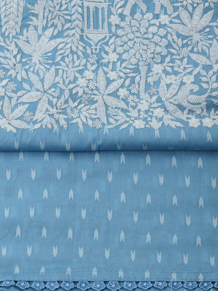 Sky Blue Resham Zari Neck Cotton Blend Unstitched Dress Material