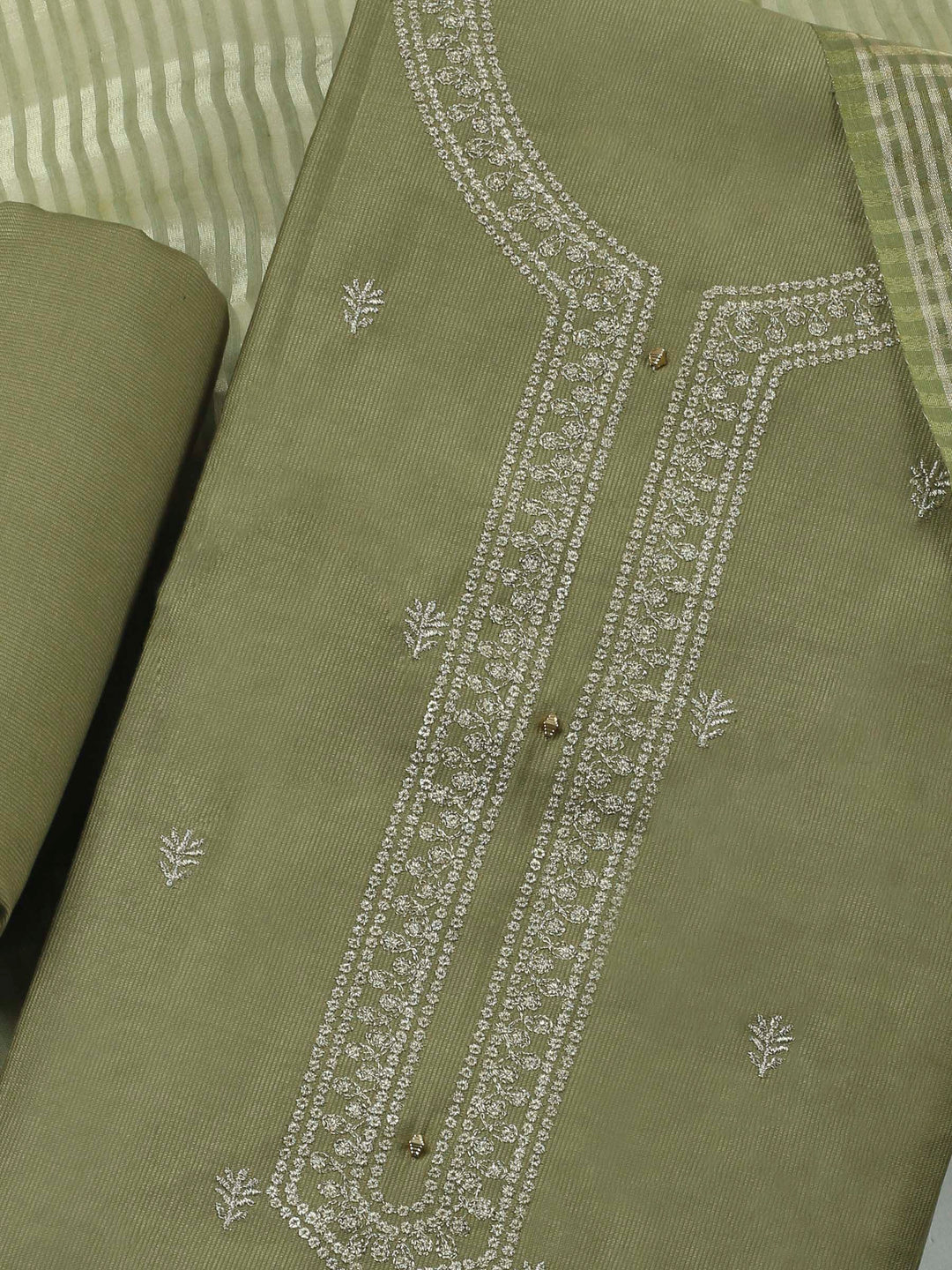 Green Embroidery Cotton Blend Unstitched Dress Material