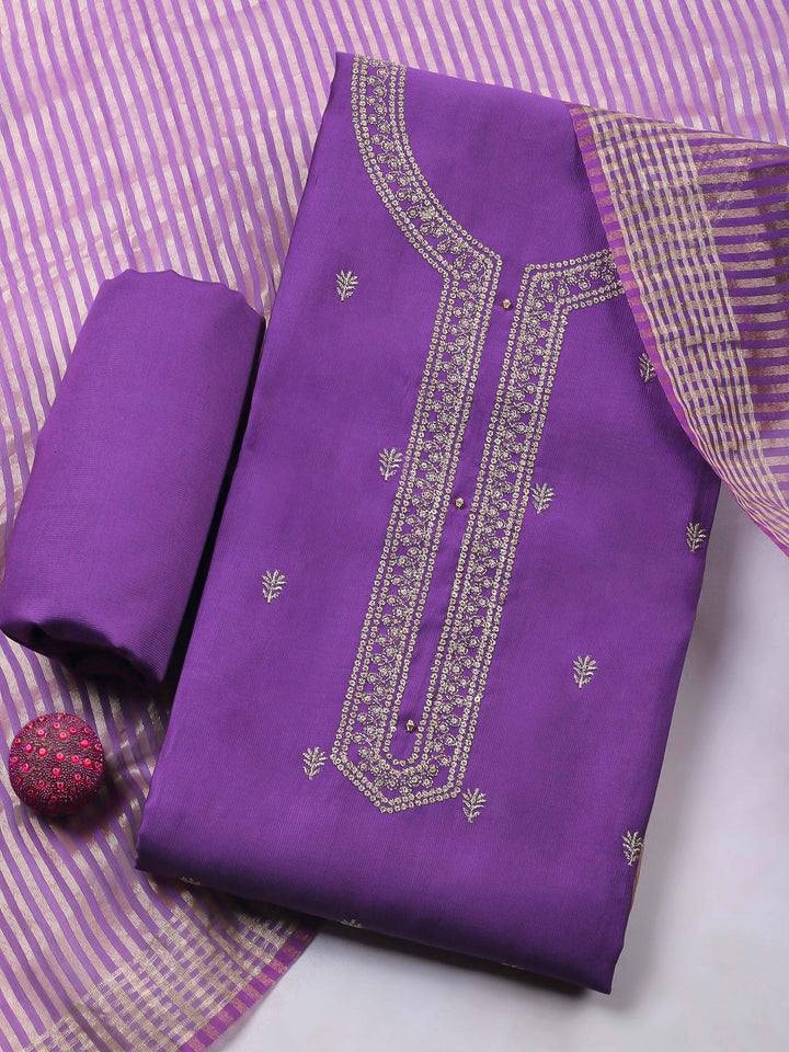 Purple Embroidery Cotton Blend Unstitched Dress Material