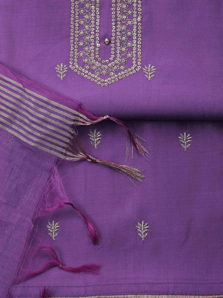 Purple Embroidery Cotton Blend Unstitched Dress Material