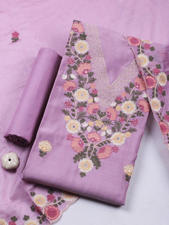 Pink Lavender Embroidery Art Silk Unstitched Dress Material
