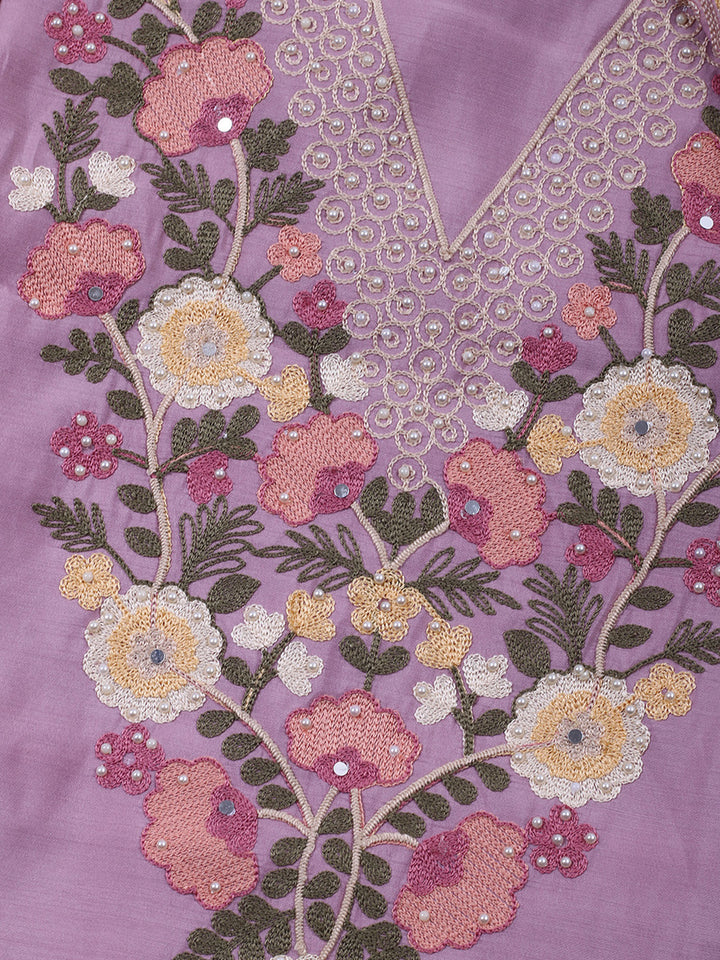 Pink Lavender Embroidery Art Silk Unstitched Dress Material