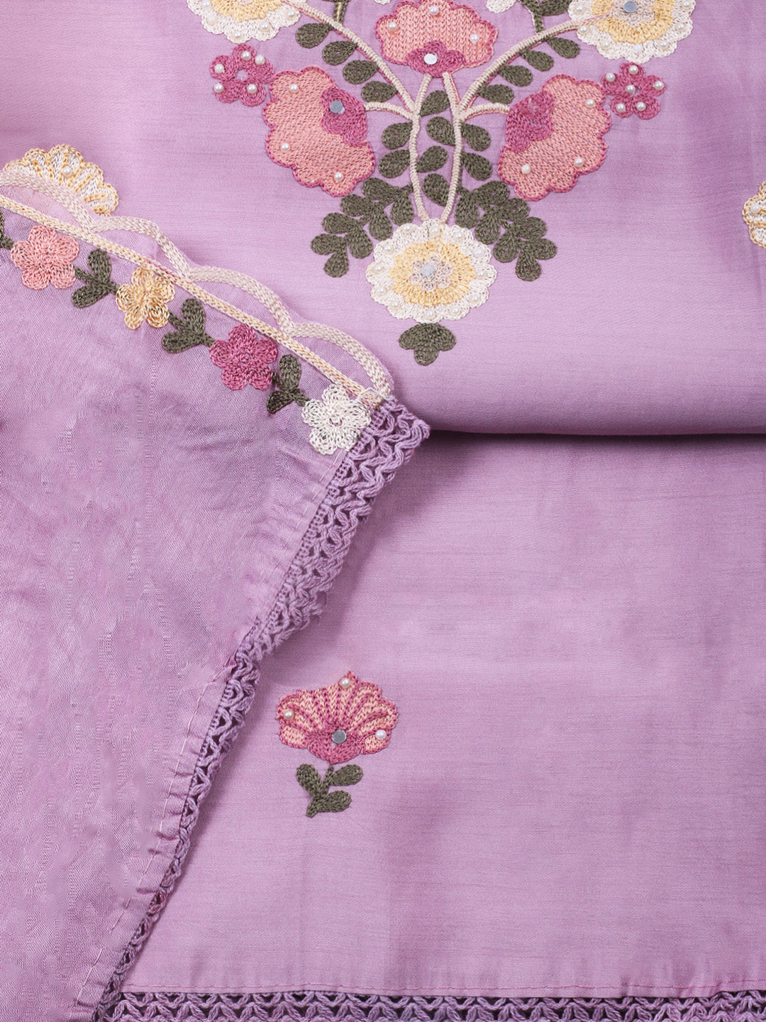 Pink Lavender Embroidery Art Silk Unstitched Dress Material