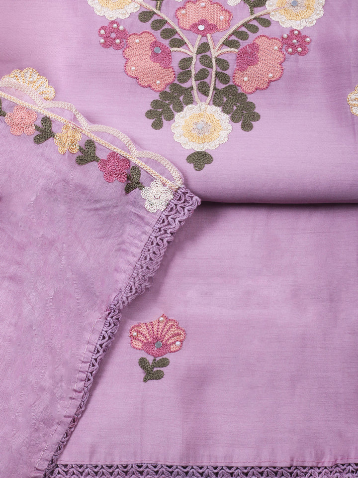 Pink Lavender Embroidery Art Silk Unstitched Dress Material
