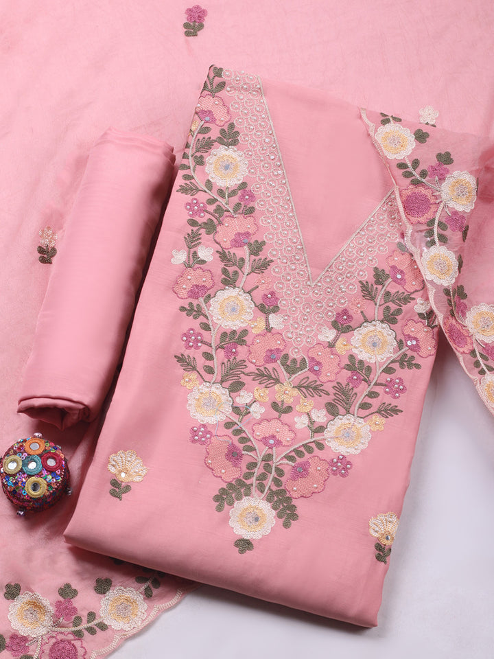 Pink Embroidery Art Silk Unstitched Dress Material