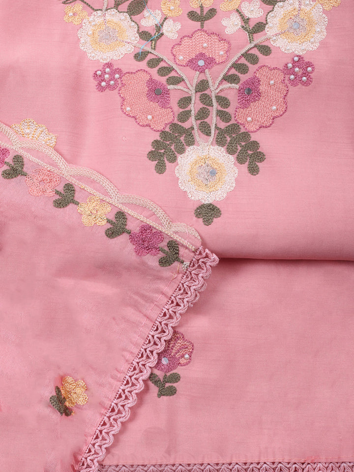 Pink Embroidery Art Silk Unstitched Dress Material