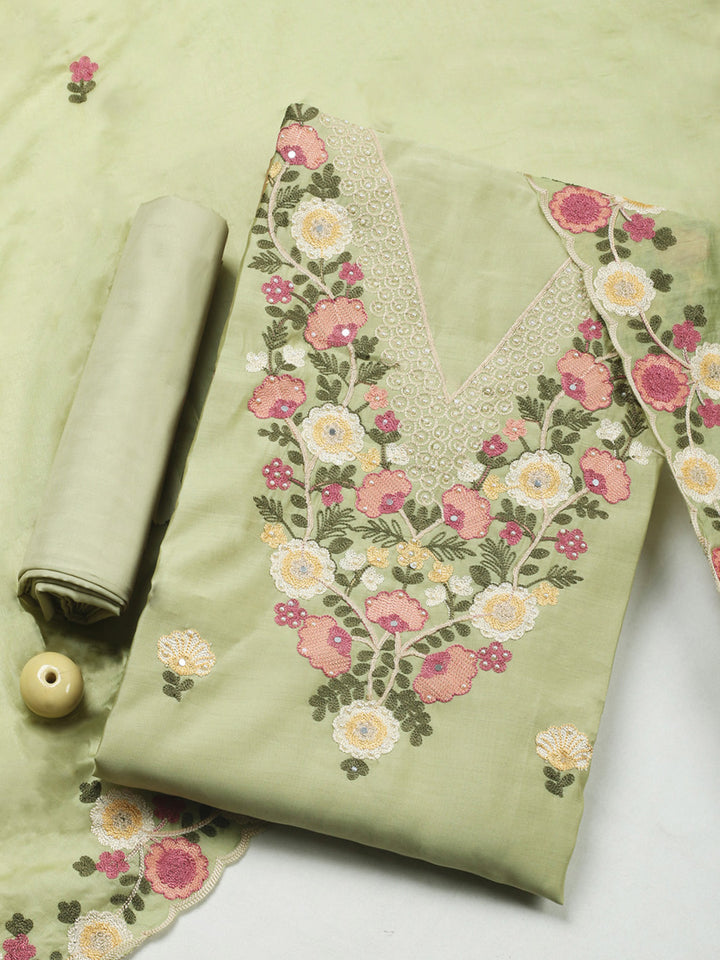Pista Green Embroidery Art Silk Unstitched Dress Material