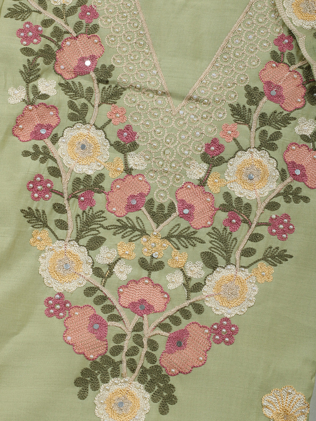 Pista Green Embroidery Art Silk Unstitched Dress Material