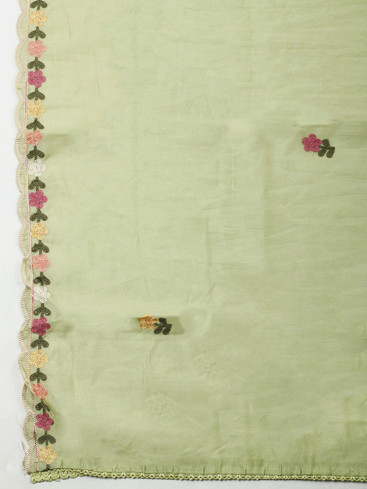 Pista Green Embroidery Art Silk Unstitched Dress Material