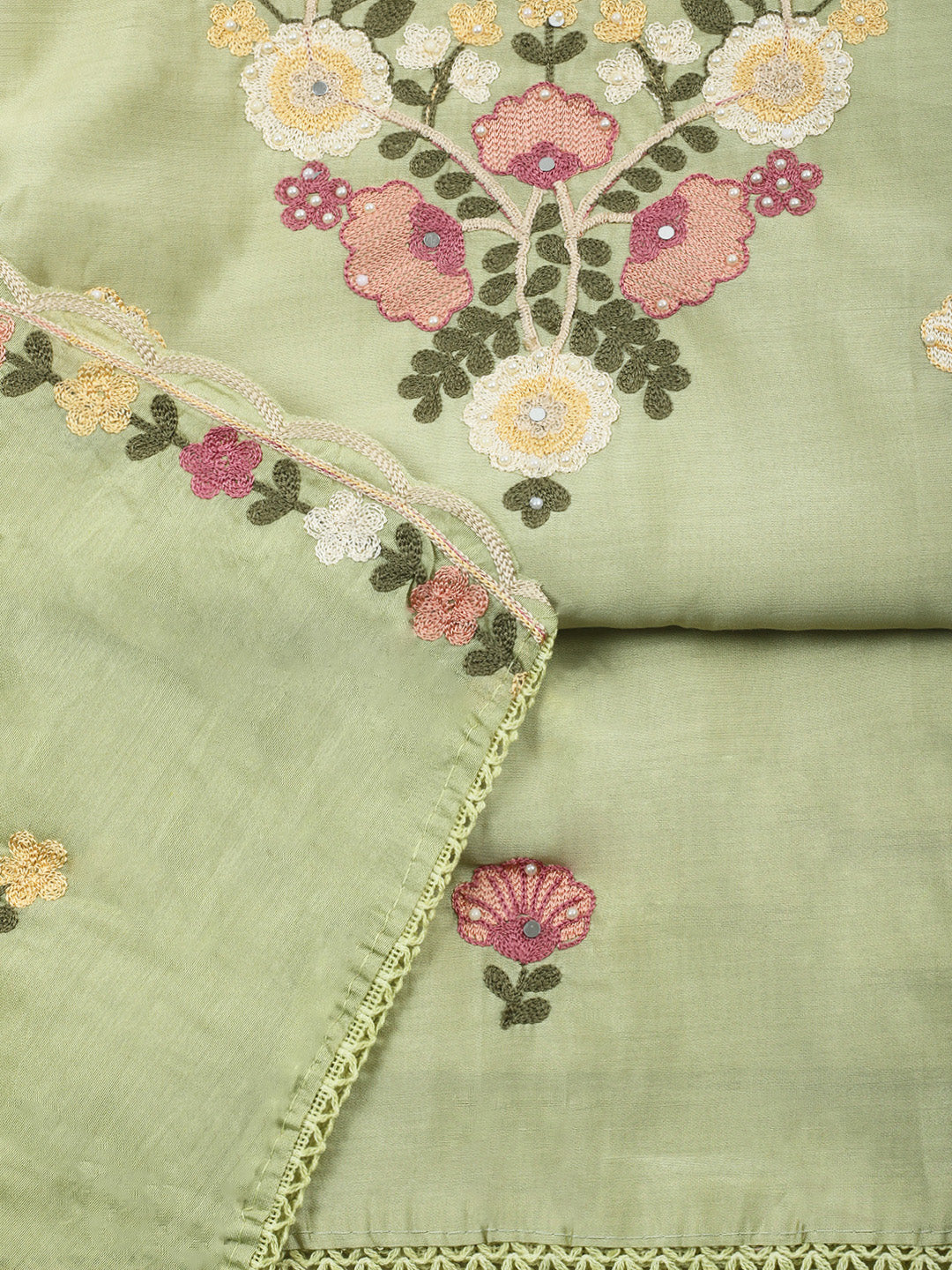 Pista Green Embroidery Art Silk Unstitched Dress Material