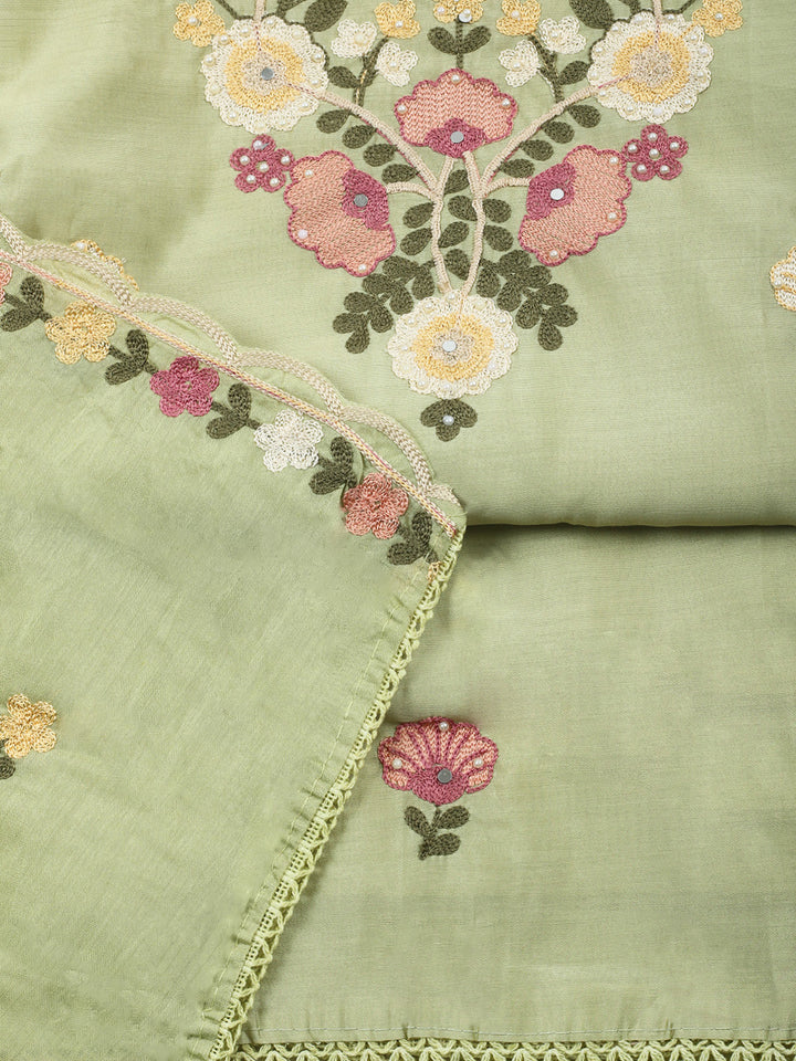 Pista Green Embroidery Art Silk Unstitched Dress Material