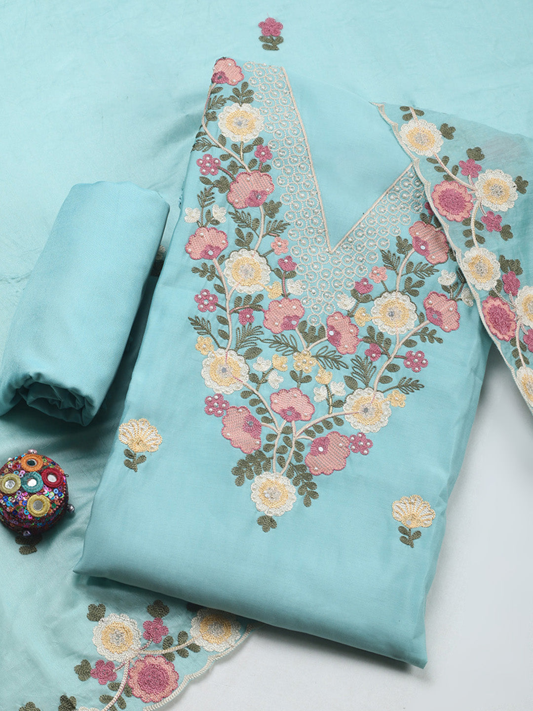 Sky Blue Embroidery Art Silk Unstitched Dress Material