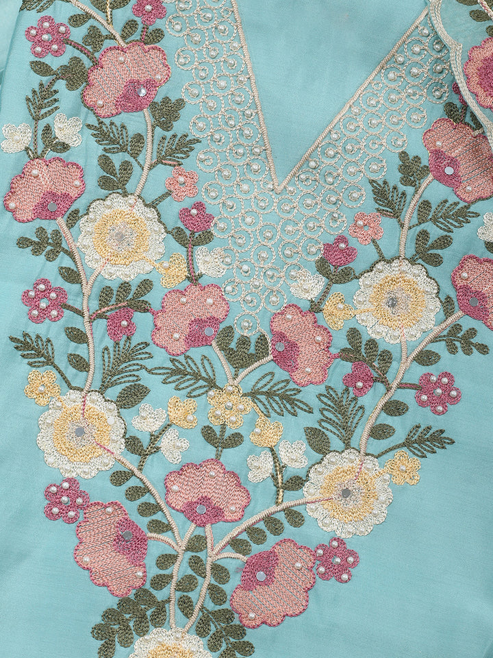Sky Blue Embroidery Art Silk Unstitched Dress Material