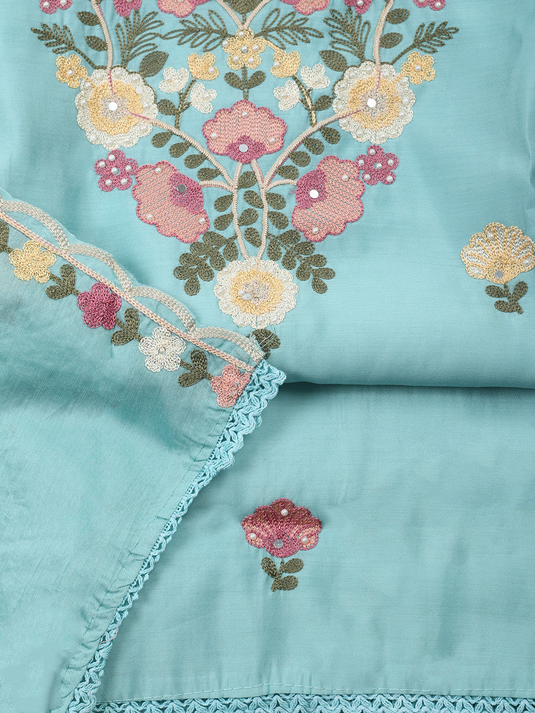 Sky Blue Embroidery Art Silk Unstitched Dress Material