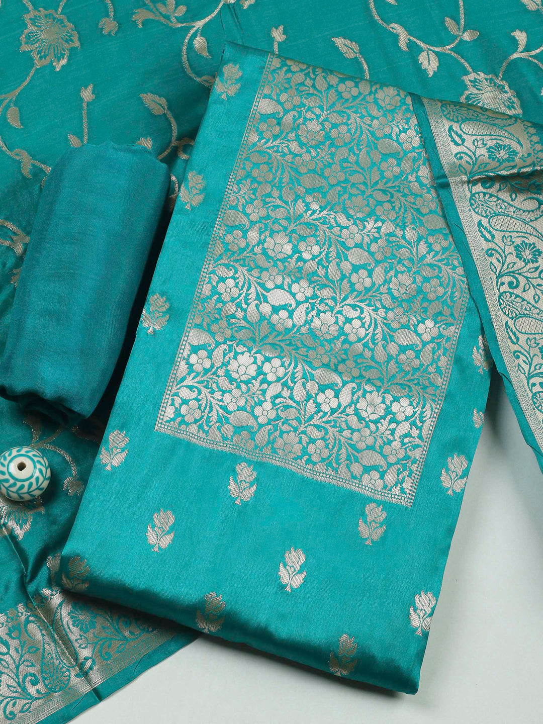 Lake Blue Woven Art Silk Unstitched Dress Material