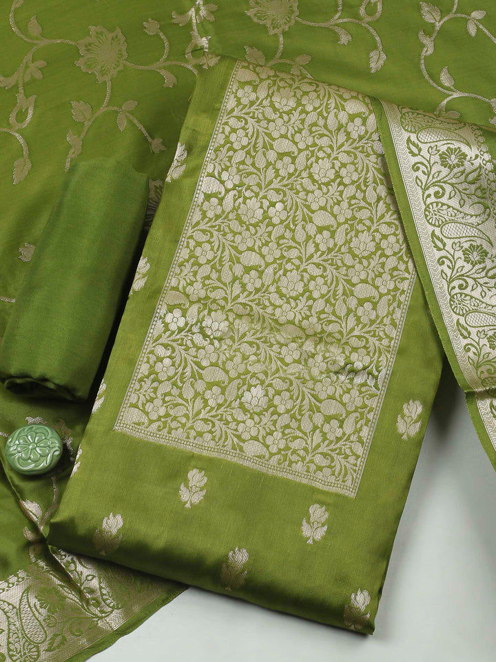Pista Green Woven Art Silk Unstitched Dress Material