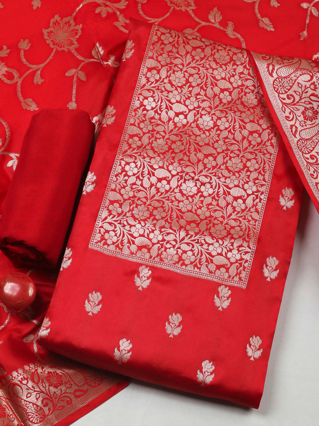 Red Woven Art Silk Unstitched Dress Material
