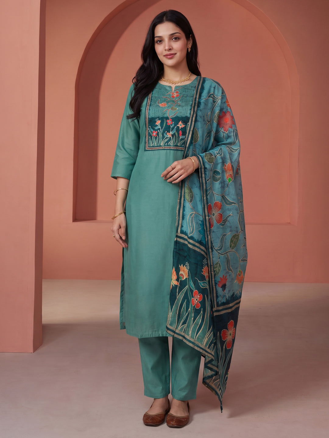 Aqua Blue Printed Kurta With Pant &amp; Dupatta