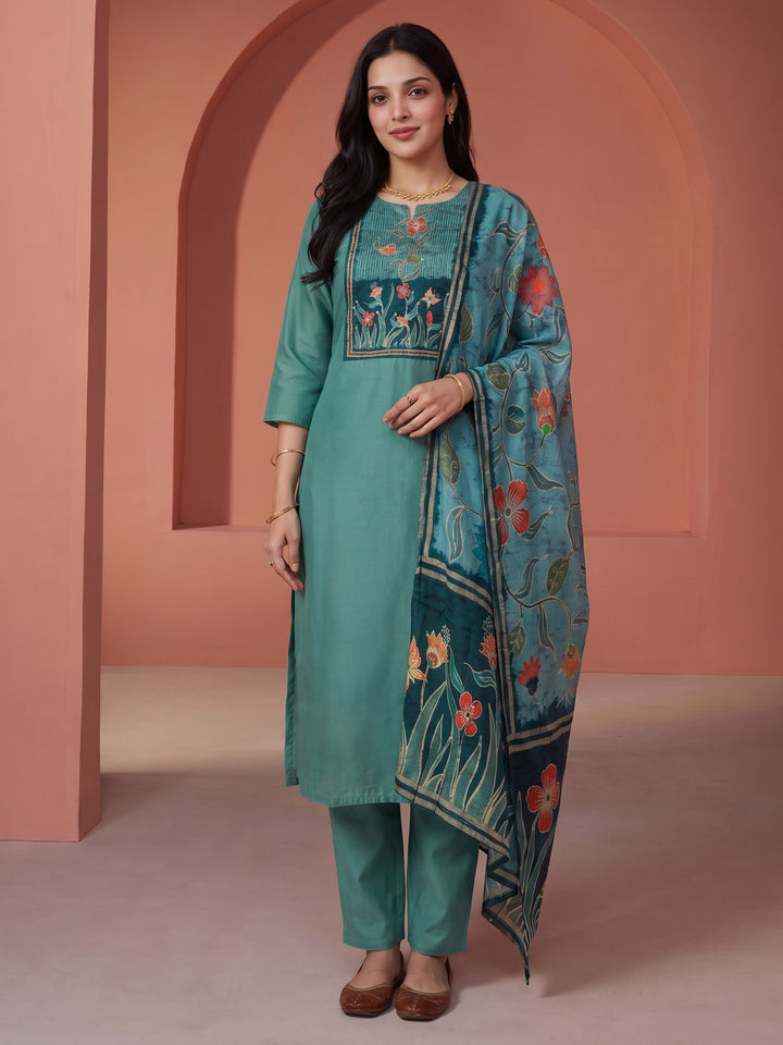 Aqua Blue Printed Kurta With Pant &amp; Dupatta