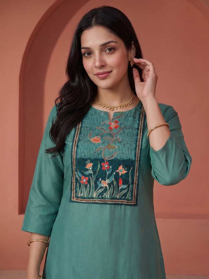 Aqua Blue Printed Kurta With Pant &amp; Dupatta