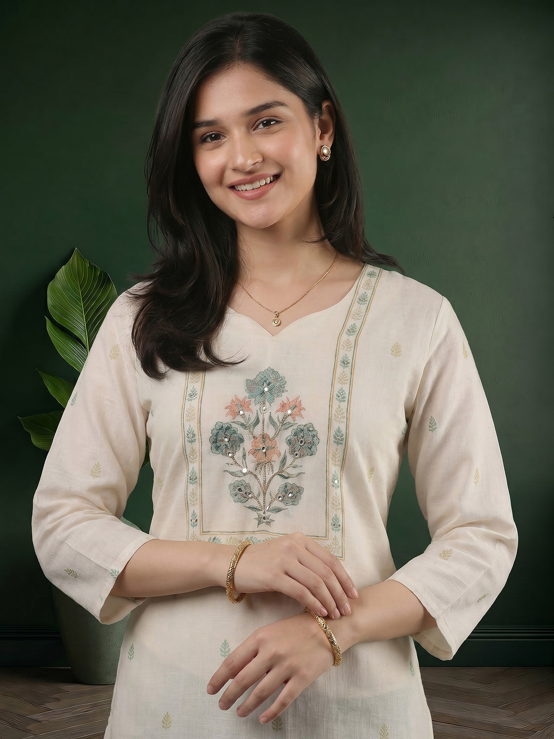 Cream Green Printed Cotton Blend Suit Set