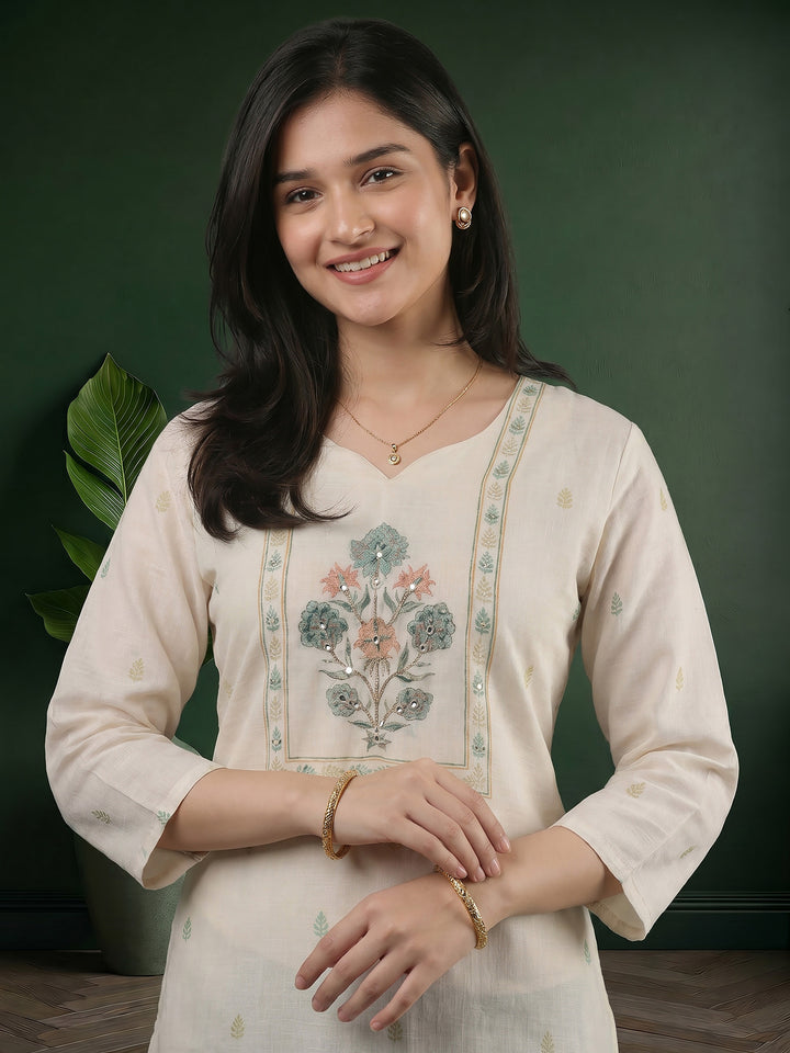 Cream Green Printed Cotton Blend Suit Set