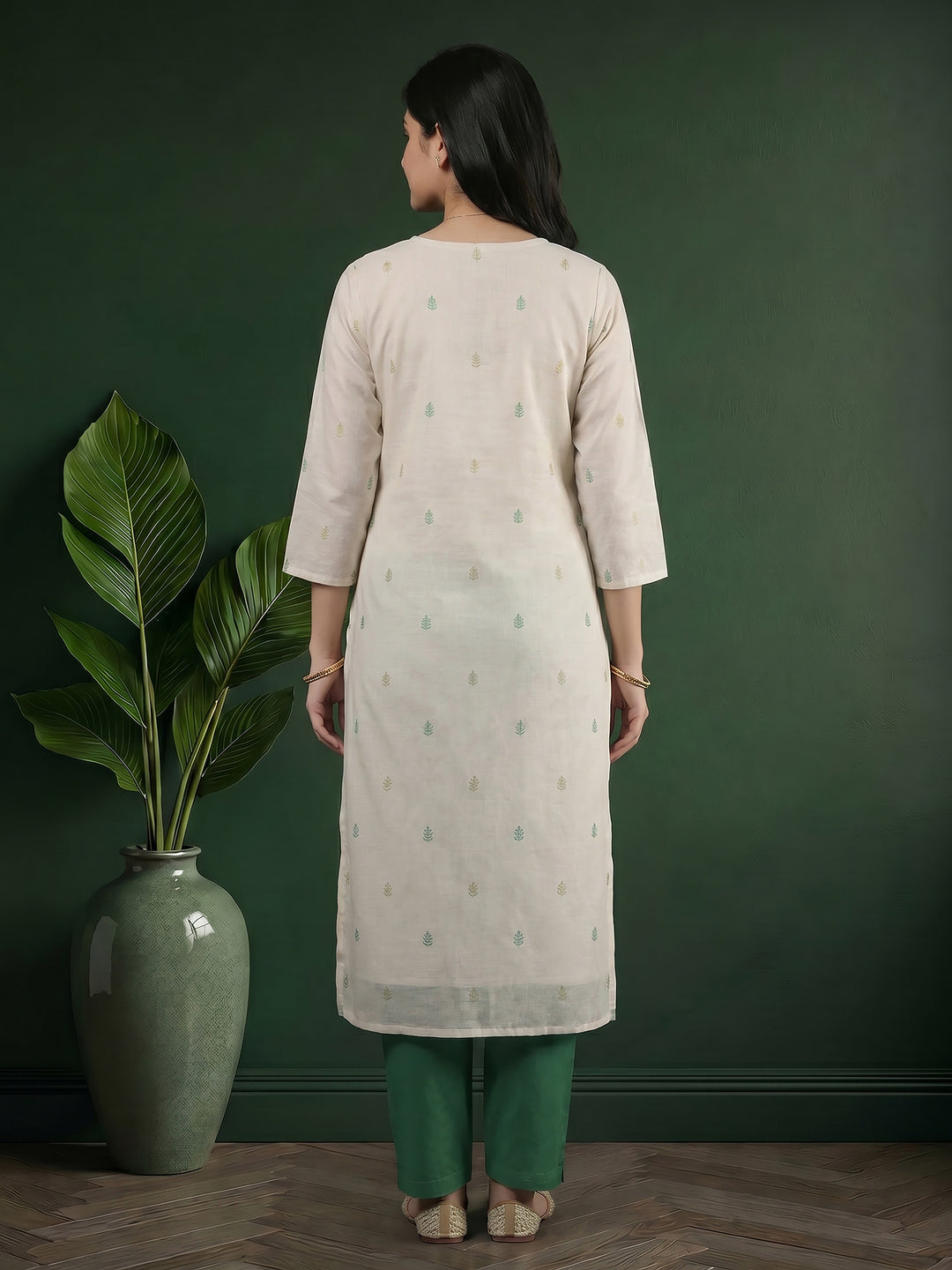 Cream Green Printed Cotton Blend Suit Set