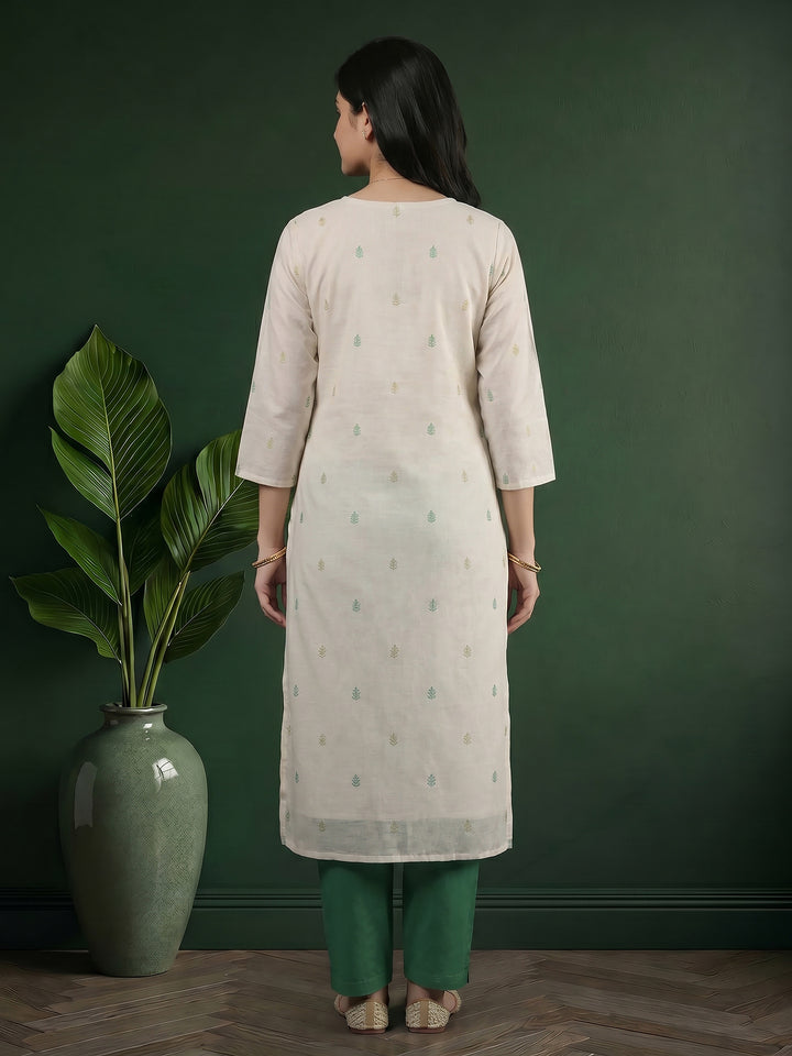 Cream Green Printed Cotton Blend Suit Set