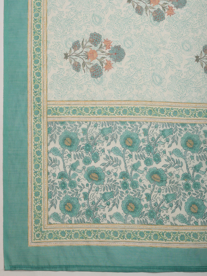 Cream Green Printed Cotton Blend Suit Set