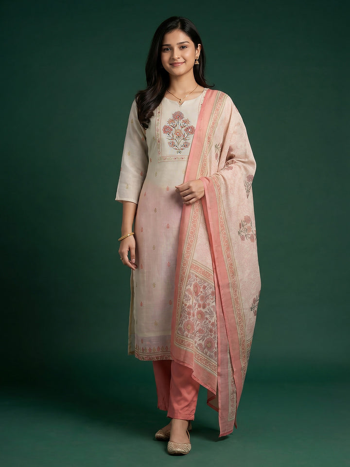 Cream Pink Printed Cotton Blend Suit Set