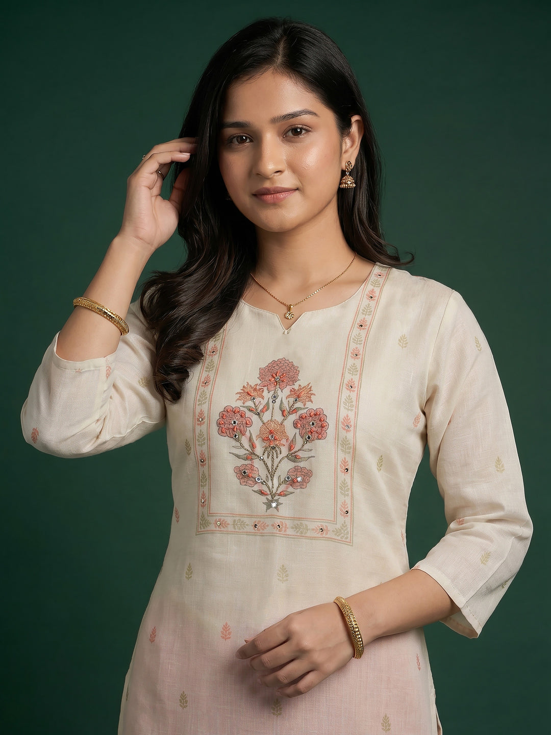 Cream Pink Printed Cotton Blend Suit Set
