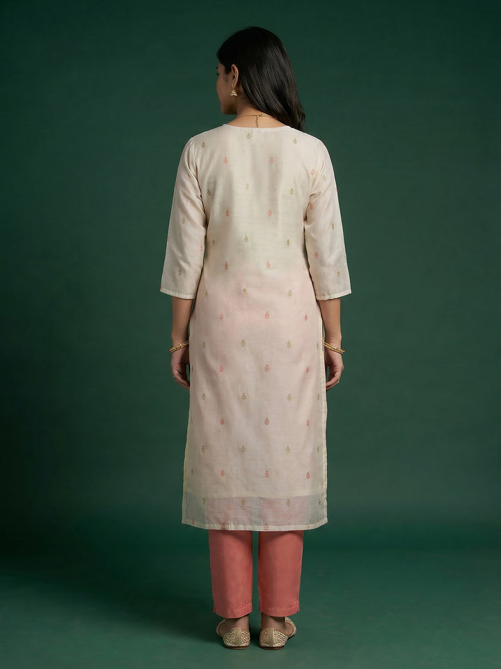 Cream Pink Printed Cotton Blend Suit Set
