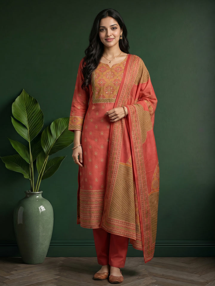 Dull Pink Printed Cotton Blend Kurta With Pant &amp; Dupatta